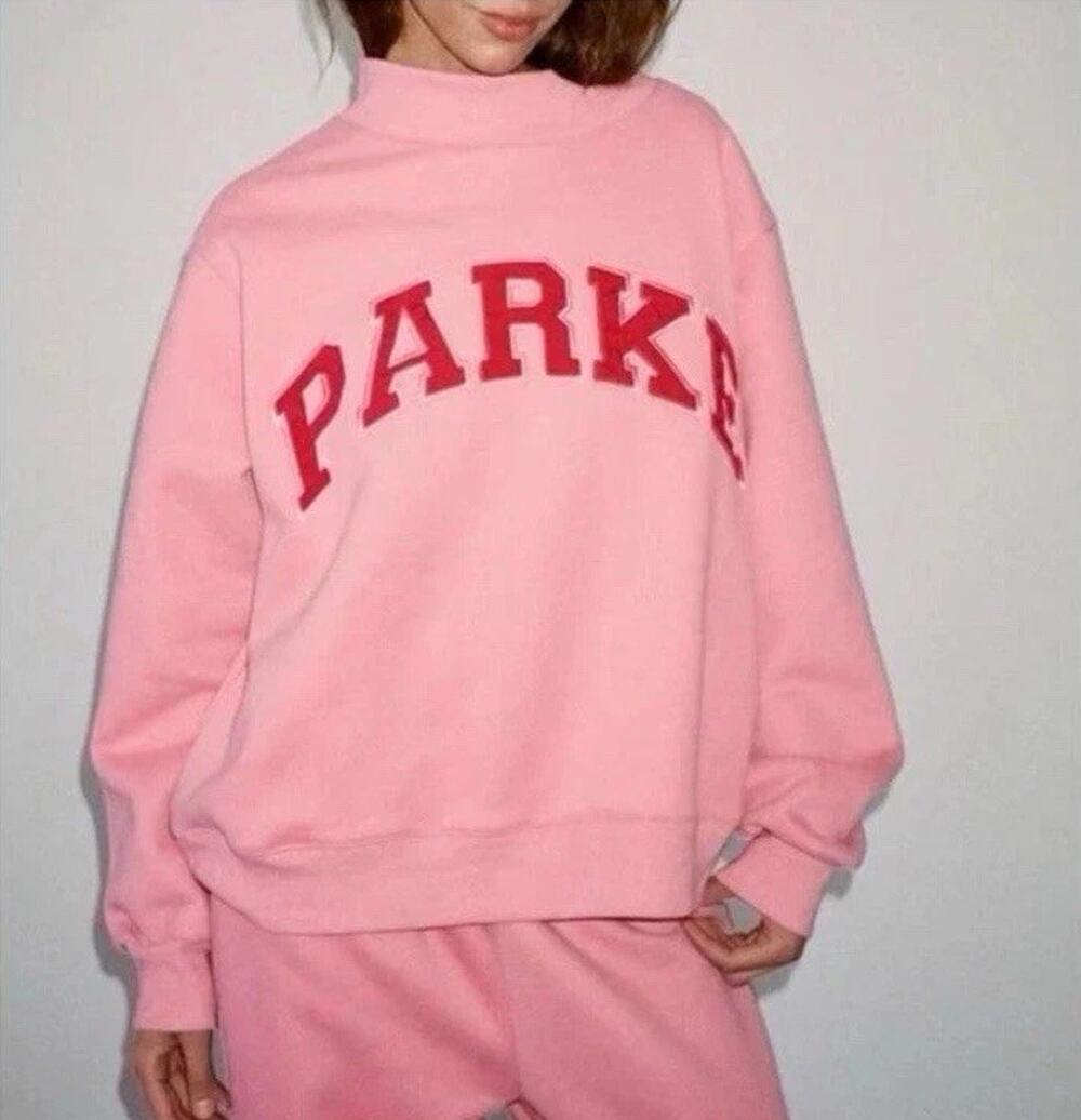 PARKE Varsity Pink Mock Neck Sweatshirt Valentines Day Lover RARE L/XL - Picture 1 of 16